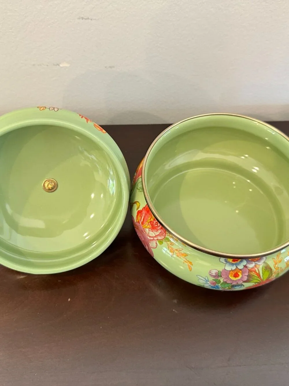 Mackenzie Child Green Flower Market Squashed Enamel Metal Pot Retired Blue Ring